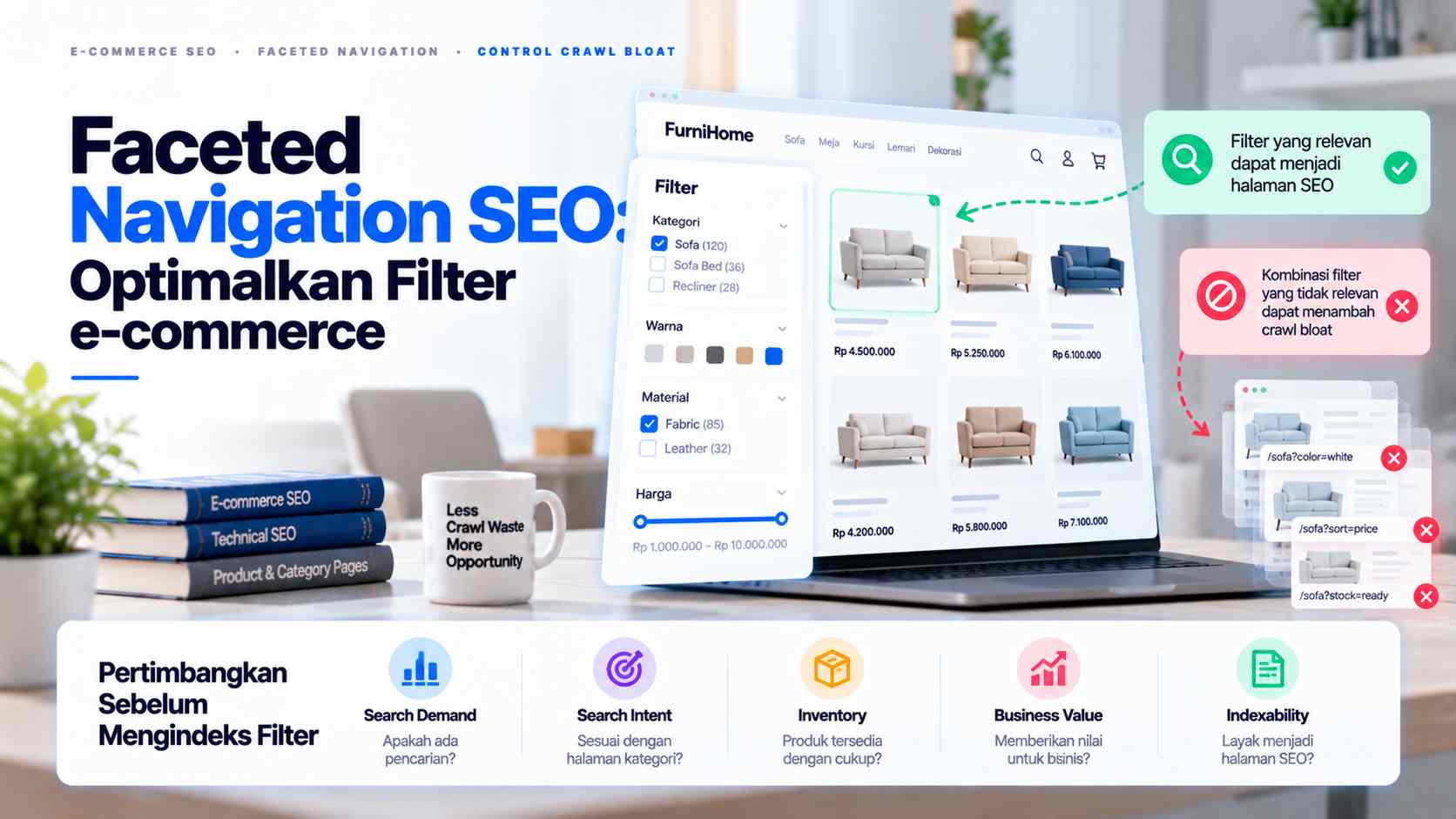 Faceted Navigation SEO untuk Ecommerce: Mengontrol Filter URL, Duplicate Page, dan Crawl Waste